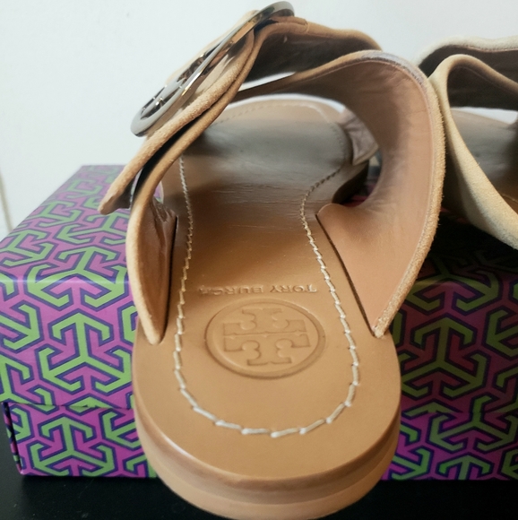 🌱 Tory Burch Grant Suede Sandal Buckle Slide in Neutral Sz 6 - Picture 8 of 10